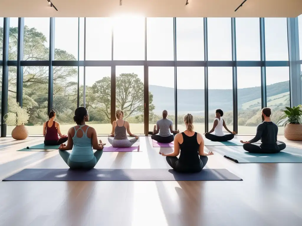 Profesionales practican yoga en un estudio luminoso con vista a la naturaleza, en armonía con programas de bienestar para longevidad laboral.