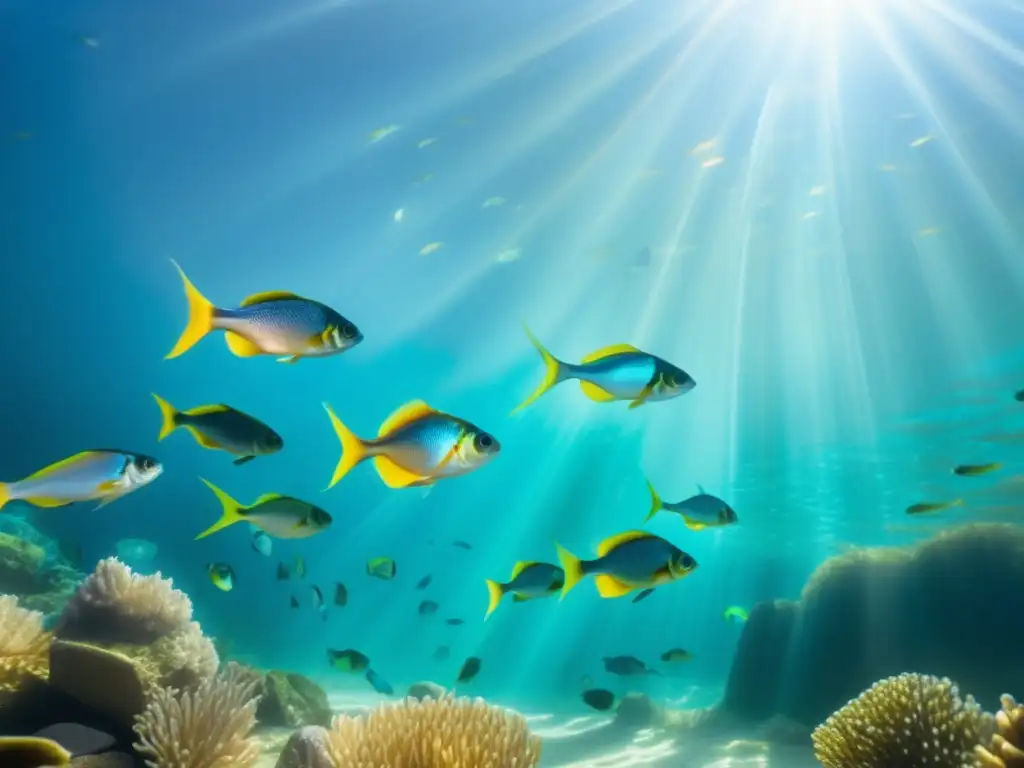 Una radiante escuela de peces nada en aguas cristalinas bajo la luz del sol, sus escamas iridiscentes brillan en tonos azules, verdes y dorados. <b>Cada pez es claramente visible, mostrando la belleza y vitalidad de la vida marina.</b> Los beneficios omega pescados long