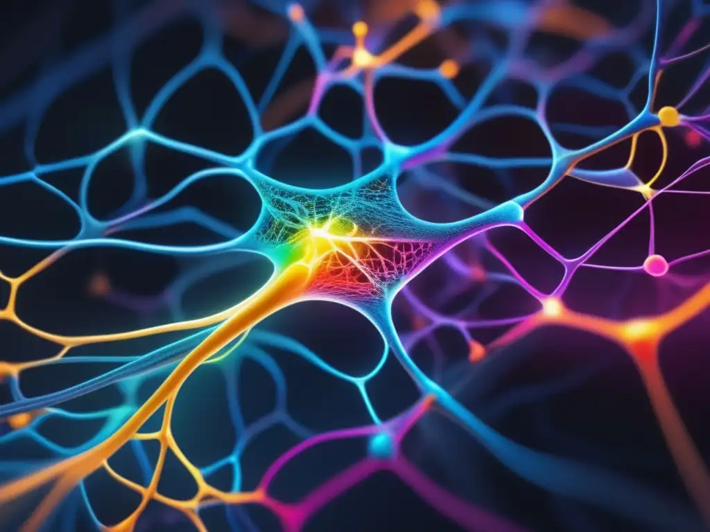 Una red neuronal vibrante y colorida destaca sobre un fondo oscuro, iluminada con colores neon. <b>Captura la esencia de las terapias para regeneración neuronal.