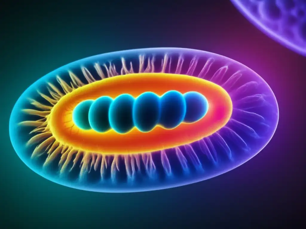 Una representación detallada y vibrante de una célula humana bajo estrés oxidativo, mostrando la relación estrés oxidativo y telómeros.