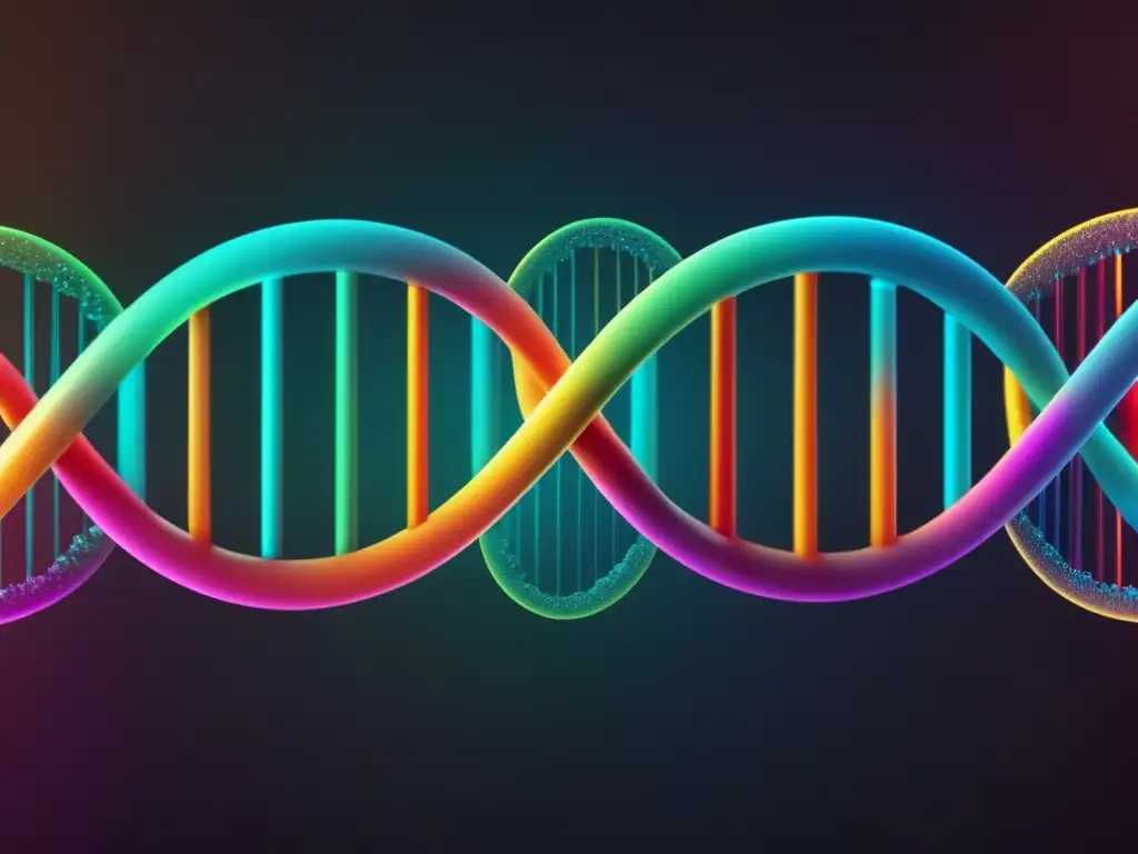 Una representación detallada y vibrante de la doble hélice del ADN, mostrando la influencia genética en la reparación del ADN en un fondo oscuro.