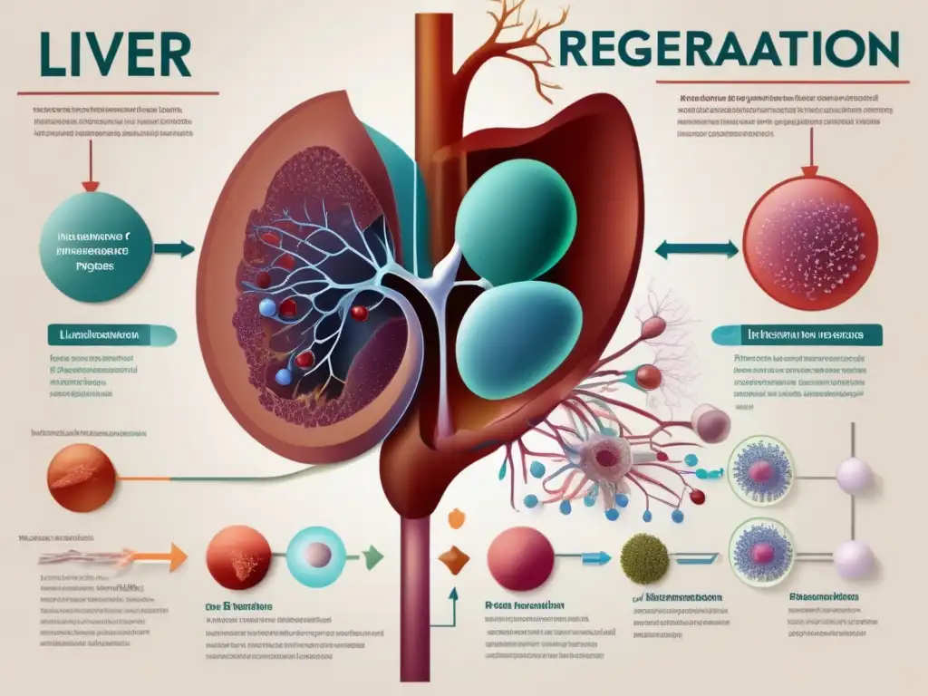 Ilustración de alta resolución que muestra el proceso de regeneración del hígado a nivel celular, con hepatocitos dividiéndose y regenerándose, acompañados de anotaciones científicas y diagramas. Captura la complejidad y belleza de la regeneración del hígado, resaltando los proces