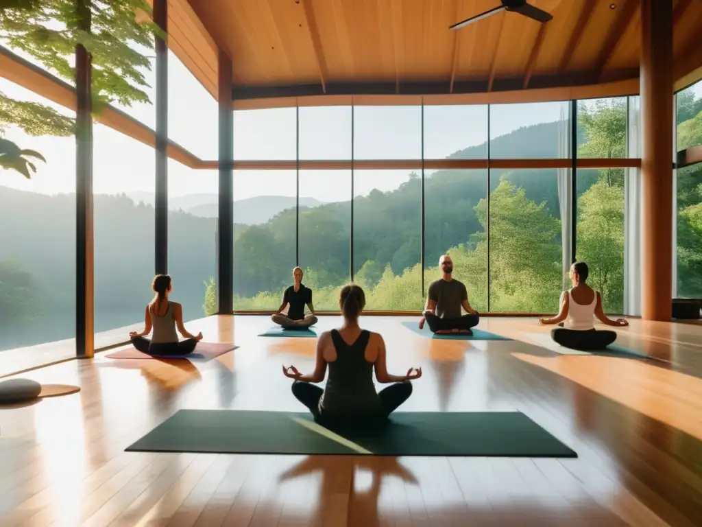 Un retiro de meditación moderno y sereno en las montañas verdes, con prácticas de yoga y meditación. <b>Beneficios meditación longevidad saludable.