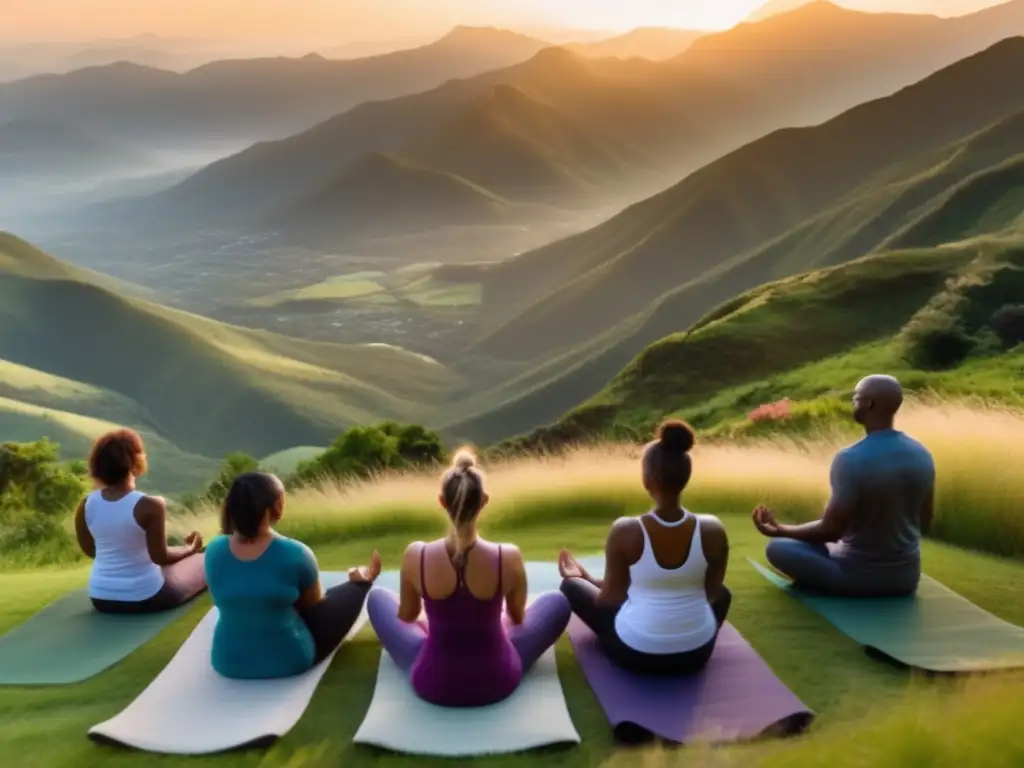 'Retiros holísticos para longevidad saludable: Grupo diverso practica yoga al amanecer en la cima de una montaña, conectando con la naturaleza.'