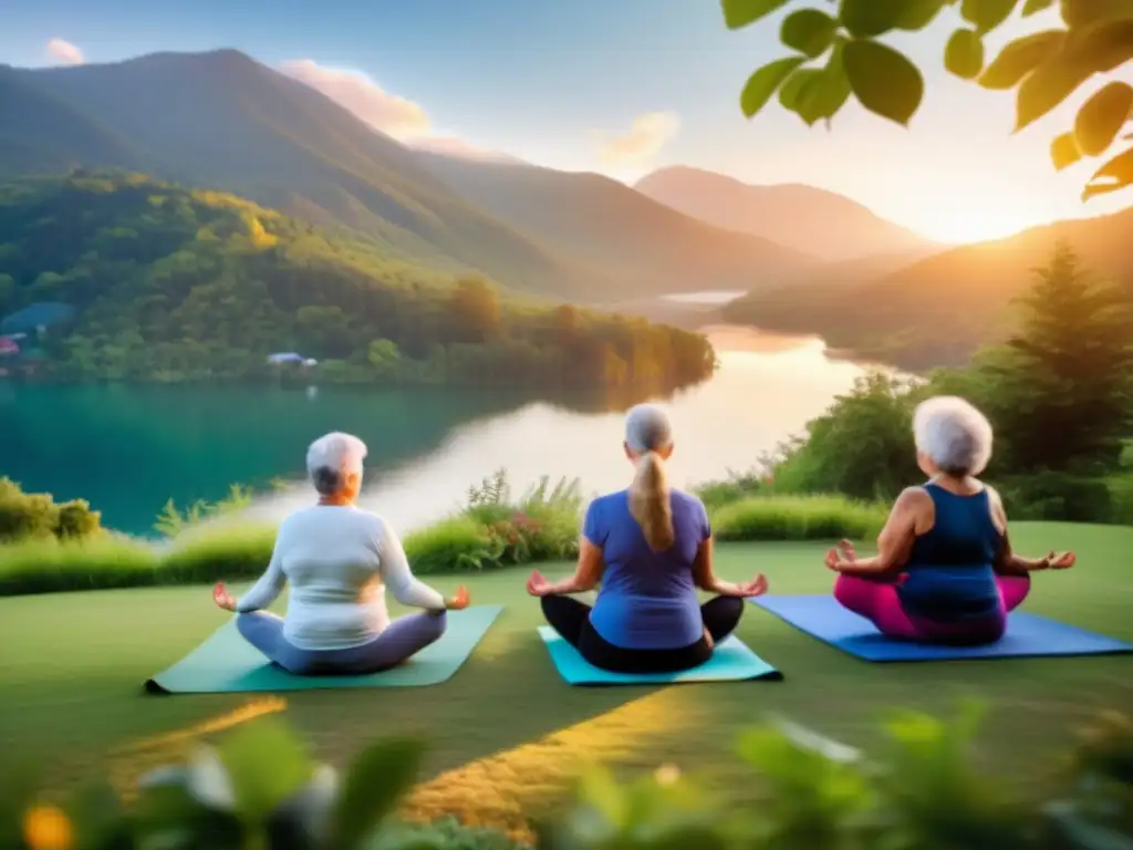 Retiros de longevidad para mayores de 60: Grupo de adultos mayores practicando yoga al amanecer en la cima de una montaña, rodeados de naturaleza exuberante y un lago tranquilo. La atmósfera serena y rejuvenecedora transmite una sensación de paz y bienestar holístico.