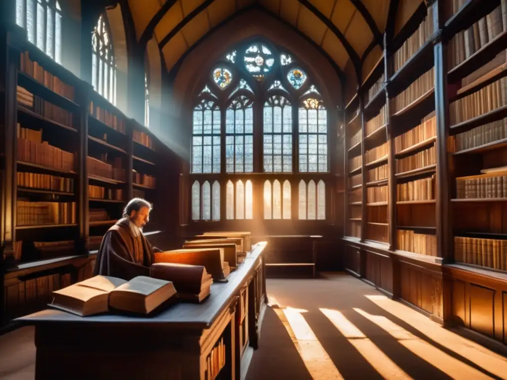 Un sabio en una biblioteca antigua, rodeado de libros y pergaminos, refleja el impacto de la educación en la longevidad del conocimiento.