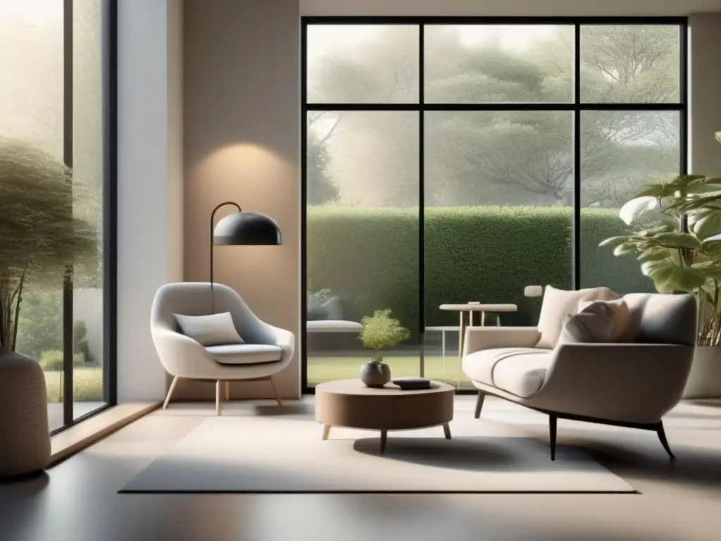 Un sereno salón moderno con grandes ventanales que muestran un hermoso jardín. <b>Muebles minimalistas y tonos neutros.</b> <b>Una persona mayor lee y disfruta de una taza de té.</b> Transmitiendo tranquilidad y aceptación del envejecimiento con técnicas de coaching.