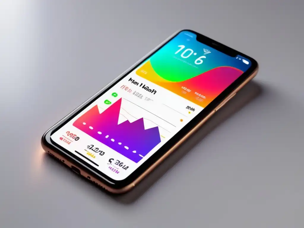 Un smartphone moderno muestra una app de monitoreo de salud con métricas de bienestar. <b>La interfaz es vibrante y minimalista.</b> Apps para monitorear la longevidad.