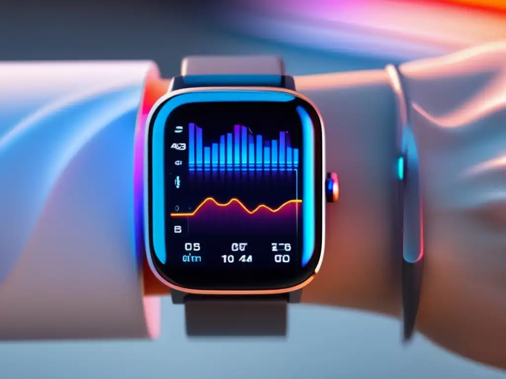 Un smartwatch moderno muestra gráfica de presión arterial en un entorno futurista. <b>Dispositivos vestibles monitor presión arterial.