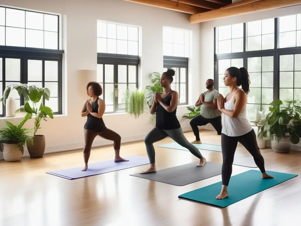 Un taller de regeneración corporal y envejecimiento donde adultos diversos practican yoga o tai chi en un espacio moderno y sereno con luz natural.