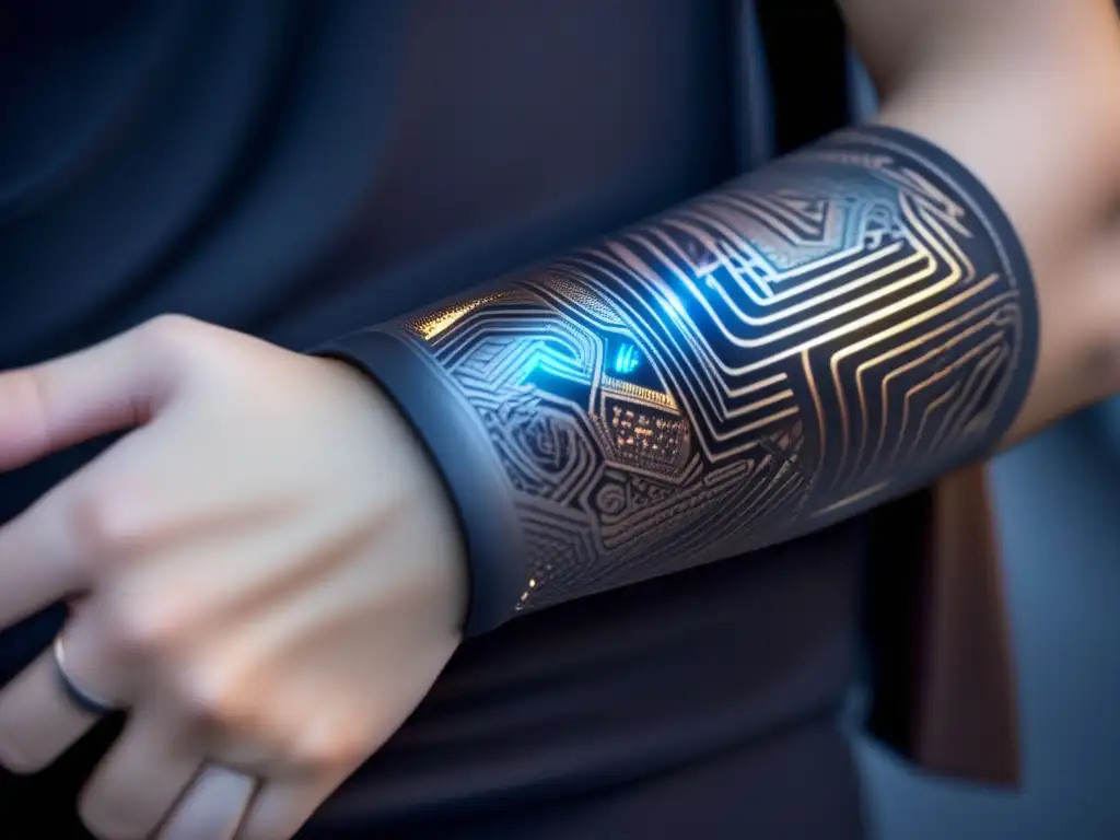 Un tatuaje electrónico de alta tecnología se fusiona con la piel, con luces LED y circuitos, ideal para monitoreo de salud.