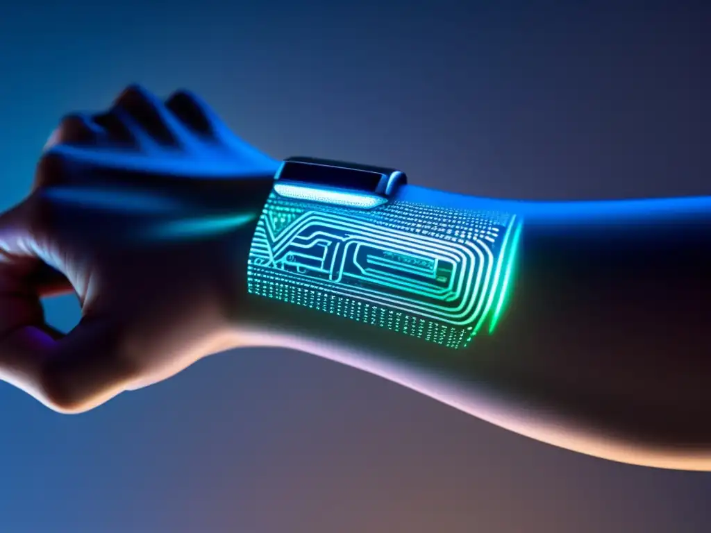 Un tatuaje electrónico futurista para monitoreo salud integrado en la muñeca, con patrones de circuitos y sensores biométricos iluminados.