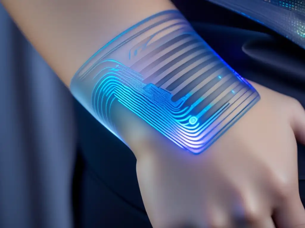 Un tatuaje electrónico de vanguardia para monitoreo de salud integrado en el antebrazo humano con luces LED sutiles y patrones de circuitos metálicos e iridiscentes. La atmósfera futurista y la perfecta fusión con la piel realzan su innovación.