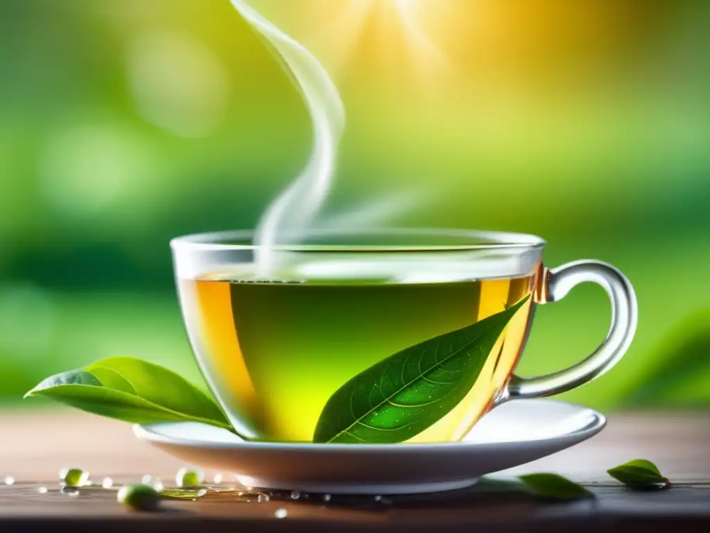 Una taza de té verde humeante sobre hojas de té, bañada por la luz dorada del sol. <b>Invita a disfrutar los beneficios del té verde para longevidad.