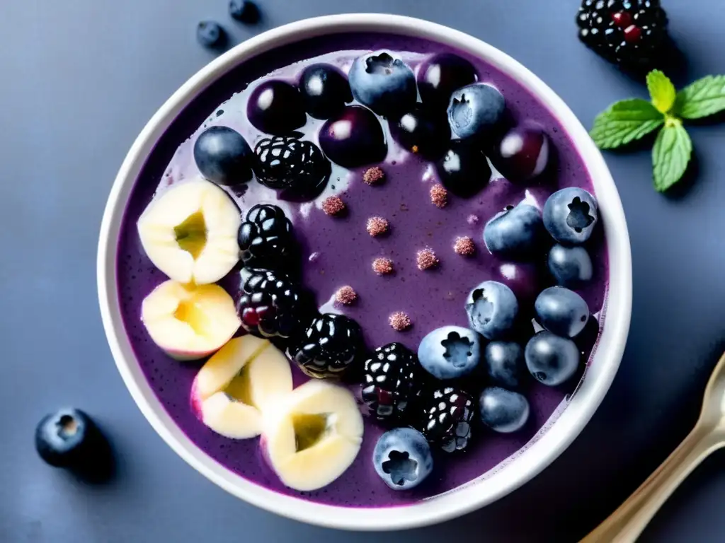 Un tazón de batido de arándanos y moras, con chía y beneficios antocianinas superalimentos vida saludable. <b>Brillantes colores y textura cremosa.