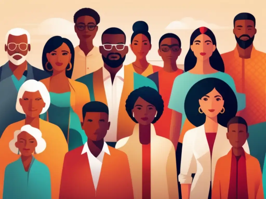 Unidos en diversidad: ilustración moderna de personas de diferentes razas y edades, representando la esperanza y la diversidad racial.