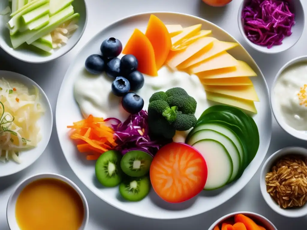 Una variedad colorida de alimentos ricos en probióticos como yogur, kéfir, chucrut y kimchi se exhiben en un elegante plato blanco. Destacando la frescura y atracción visual, resalta el papel de los probióticos en la longevidad humana.