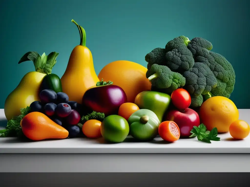 Una variedad de frutas y verduras frescas en una cocina moderna. Colores vibrantes y vitalidad evocan los beneficios de las vitaminas esenciales.