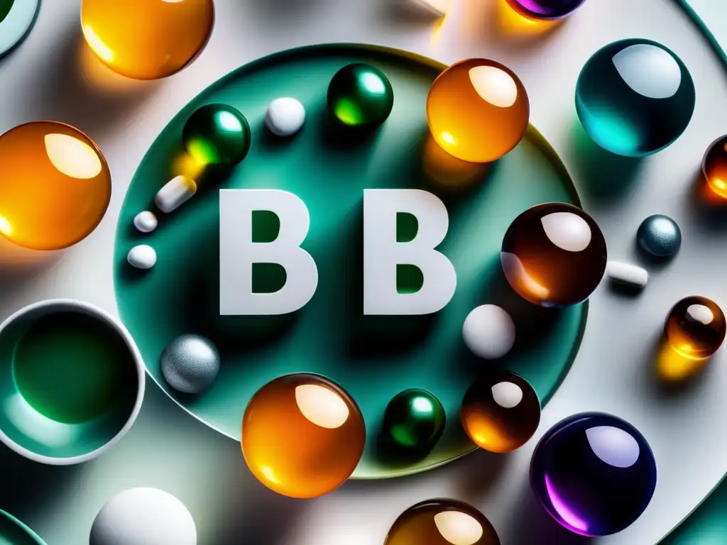 Una variedad de suplementos de complejo B dispuestos en círculo sobre una superficie blanca. <b>Destacan los colores vibrantes.</b> <b>Importancia vitaminas complejo B en envejecimiento.