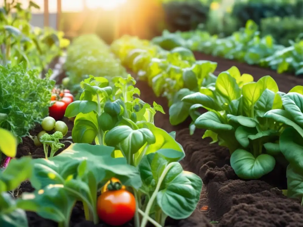 Un jardín de vegetales exuberante y vibrante bañado por la cálida luz del sol. Las plantas se mecen suavemente con la brisa, mientras las abejas y mariposas añaden vitalidad. <b>Guía vegetariana para longevidad saludable.