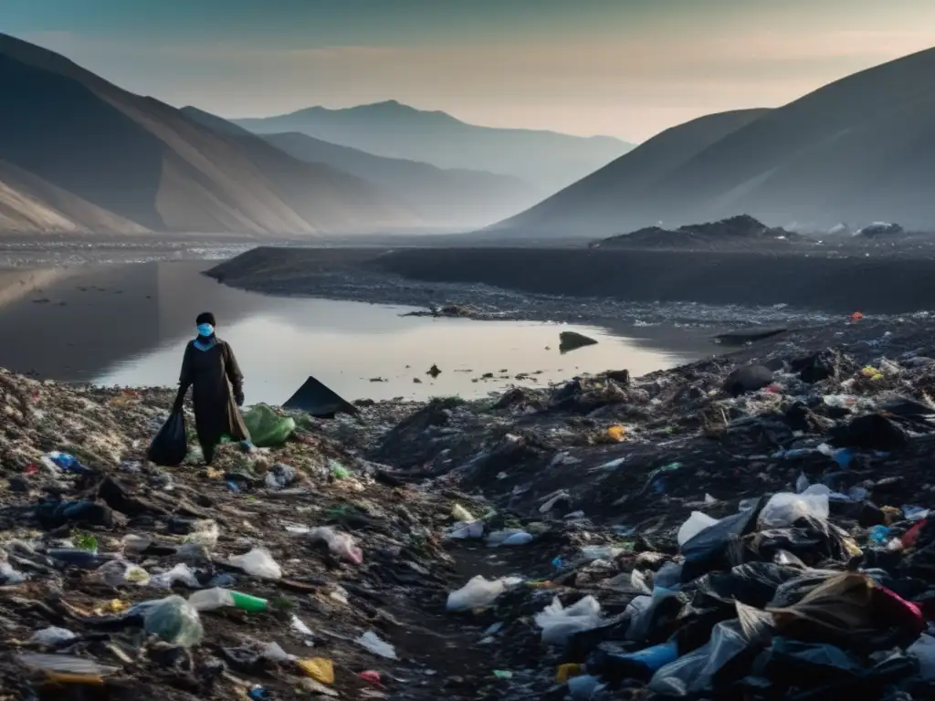 Un vertedero extenso con montañas de desechos, un río contaminado y una figura solitaria resaltando el impacto de vertederos en la salud pública.