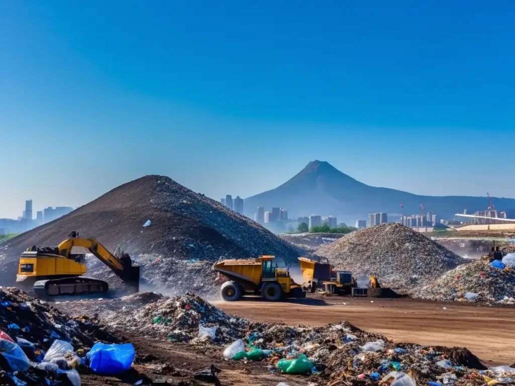 Un vertedero repleto de desechos, maquinaria pesada y trabajadores clasificando basura bajo un cielo azul. El resplandor del sol en plásticos, vidrios y metales contrasta con el paisaje, mientras el horizonte de la ciudad sirve como recordatorio del impacto de verted