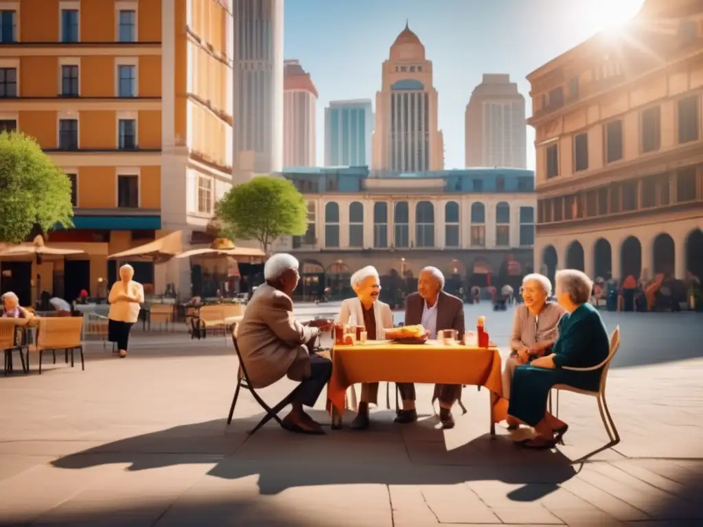 Un vibrante encuentro de personas mayores de diversas culturas en una bulliciosa plaza urbana, reflejando la intersección de tradición y modernidad en el envejecimiento humano. <b>Tendencias emergentes en longevidad humana.