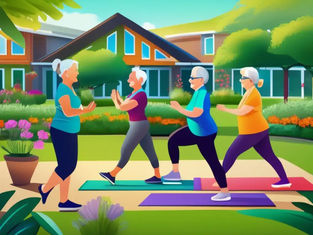 Un vibrante grupo de personas mayores disfruta de actividades como yoga, pintura y jardinería en una moderna comunidad de retiro. Se destacan colores vivos y detalles intricados, reflejando un estilo de vida dinámico y activo que se adapta a la longevidad. La imagen irradia comunidad, salud