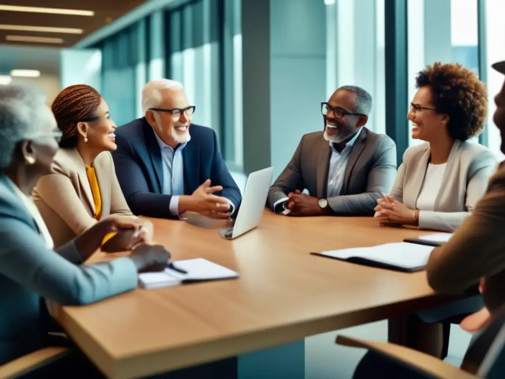 Un vibrante intercambio generacional en una oficina moderna, simbolizando el impacto de la longevidad en el mercado laboral y las futuras generaciones.