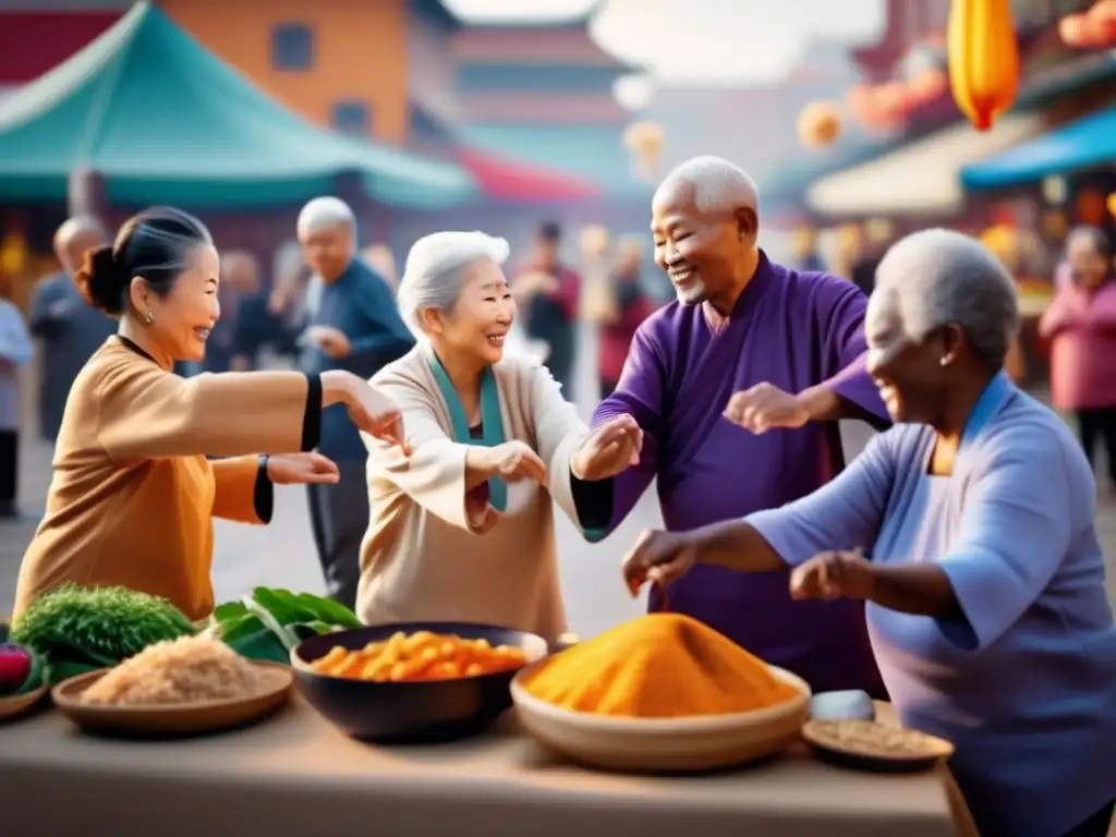 Un vibrante mercado donde personas de diferentes culturas participan en actividades tradicionales como tai chi, cocina y cuentacuentos, mostrando la longevidad humana en diferentes culturas.