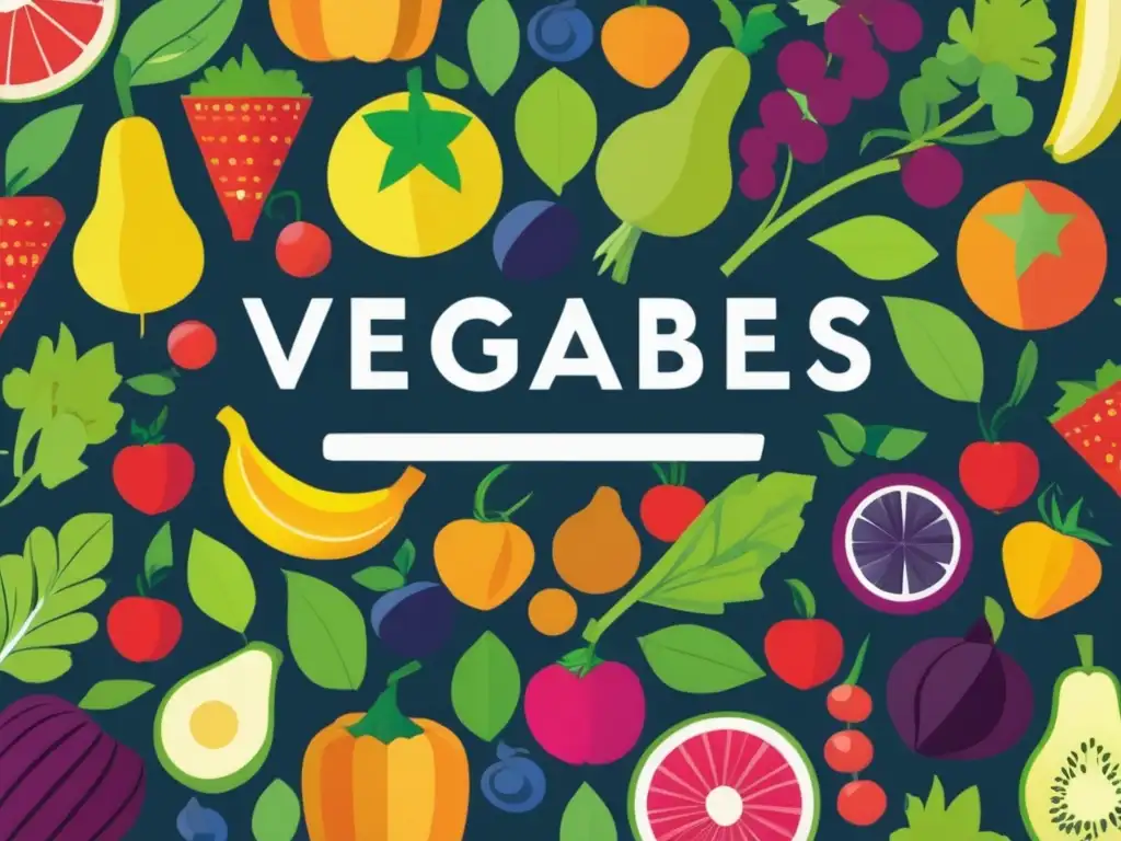 Una ilustración vibrante y moderna de frutas y verduras coloridas, frescas y saludables. <b>Alimentos clave para mente ágil.