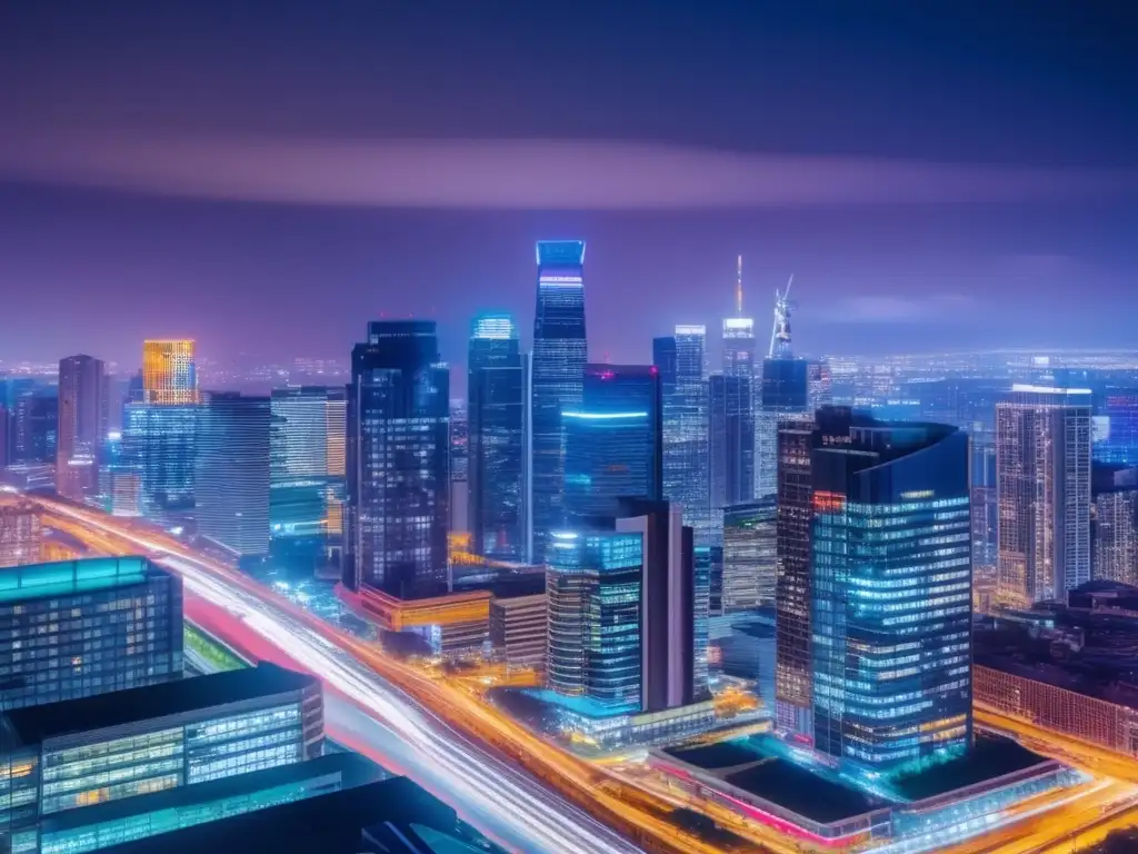 Vibrante skyline urbano nocturno con rascacielos iluminados y bulliciosa actividad. <b>Contaminación electromagnética salud neuronal.