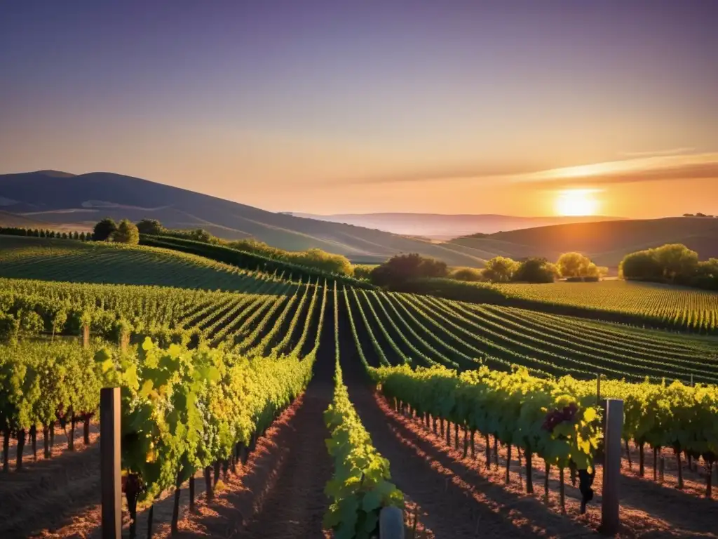 Un viñedo exuberante al atardecer, con hileras de viñas y el cálido resplandor del sol creando sombras largas. Colores ricos evocan tranquilidad y belleza natural, capturando la esencia de los tours de salud poder antioxidante.