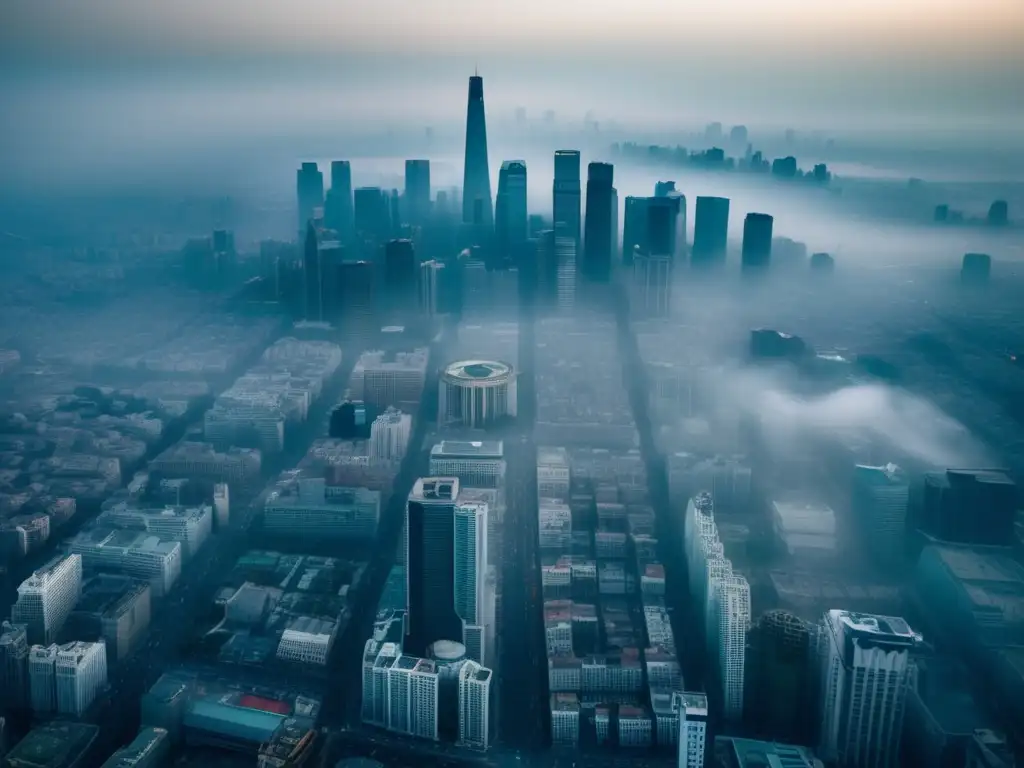 Vista aérea de una ciudad envuelta en smog, resaltando la relación calidad aire longevidad.