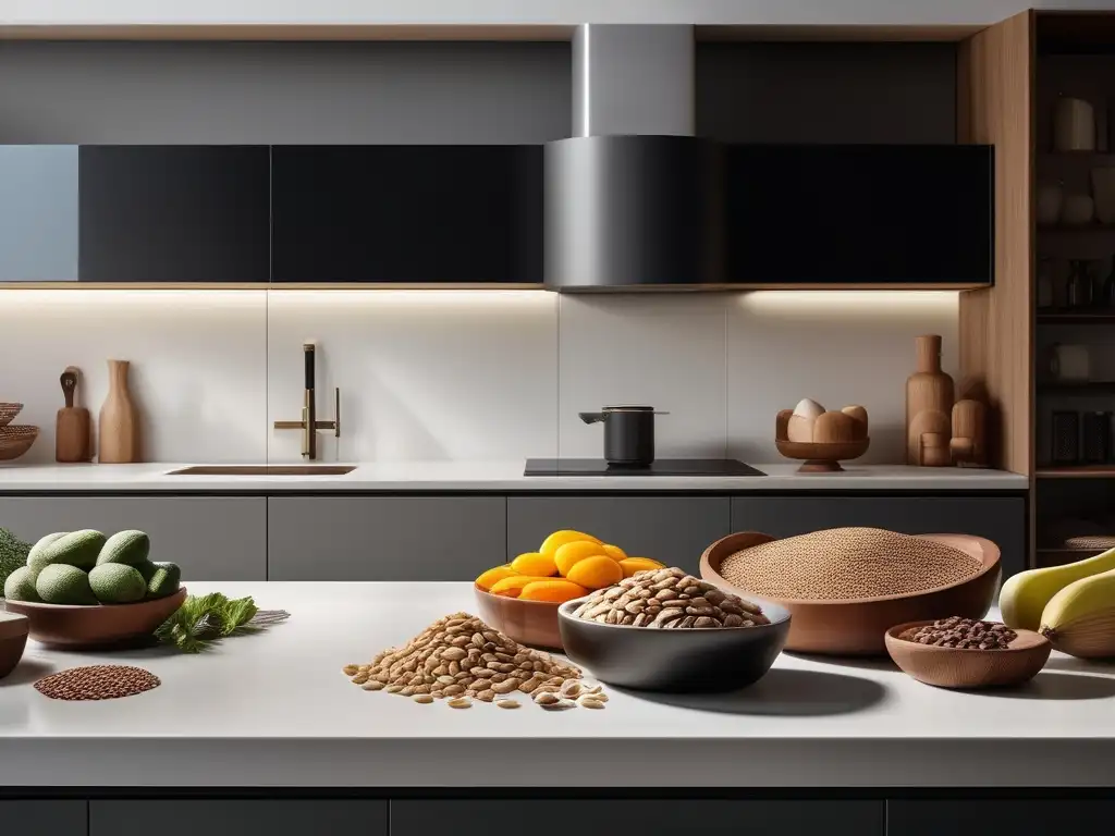 Una vista 8k detallada de una cocina moderna y elegante con alimentos ricos en selenio. <b>La luz natural realza la frescura de los ingredientes.</b> <b>Beneficios del selenio para longevidad.