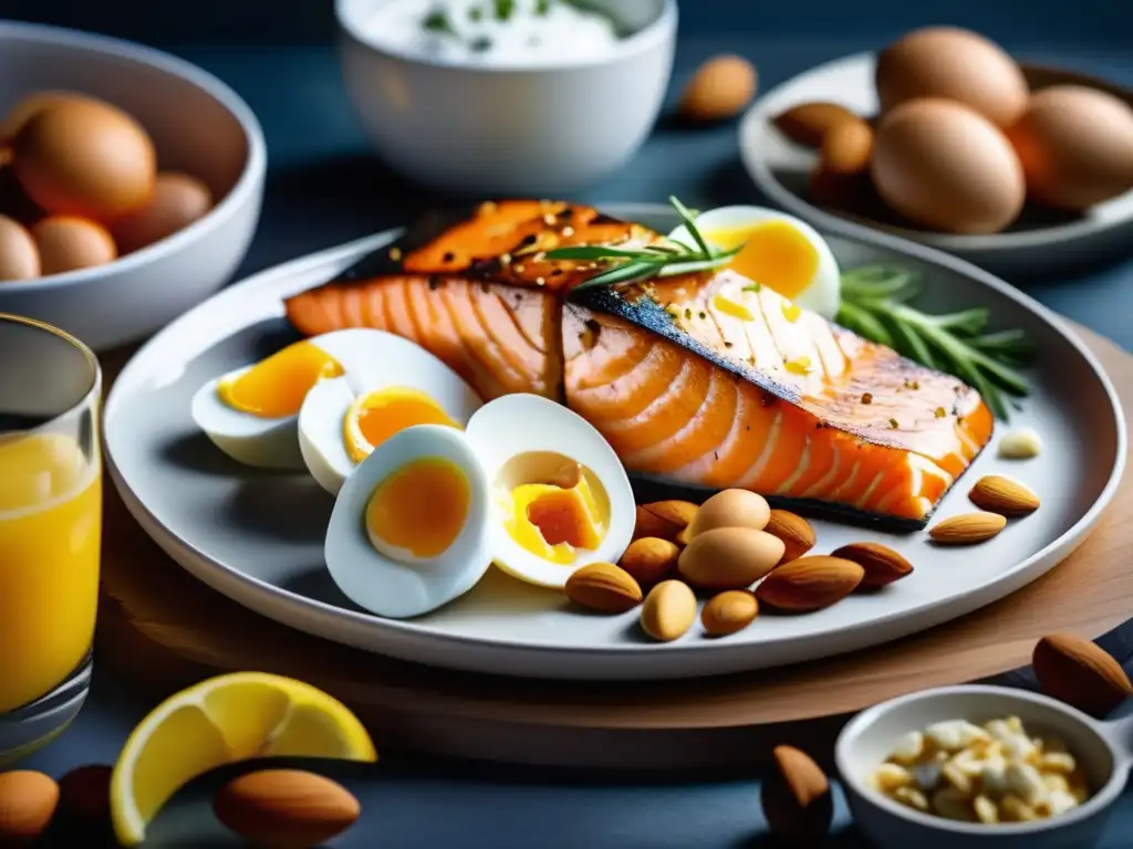 Una vista detallada y vibrante de alimentos ricos en proteínas como salmón, pollo, huevos, almendras y yogur griego en una elegante bandeja. <b>La presentación meticulosa y la iluminación natural realzan su frescura.</b> <b>Importancia de las proteínas en longevidad.