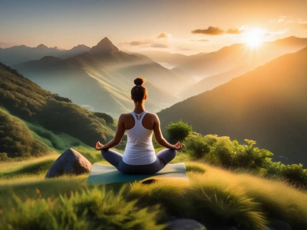 Practicar yoga al amanecer en la cima de una montaña, rodeado de naturaleza, transmite serenidad y concentración. Beneficios del ejercicio y mindfulness.